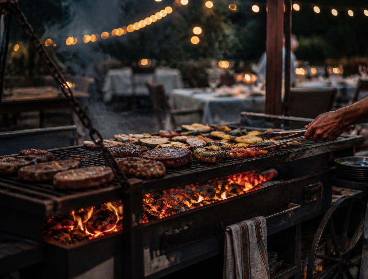 A mobile wood-fired grill at dusk loaded with steaks and vegetables under string lights.
