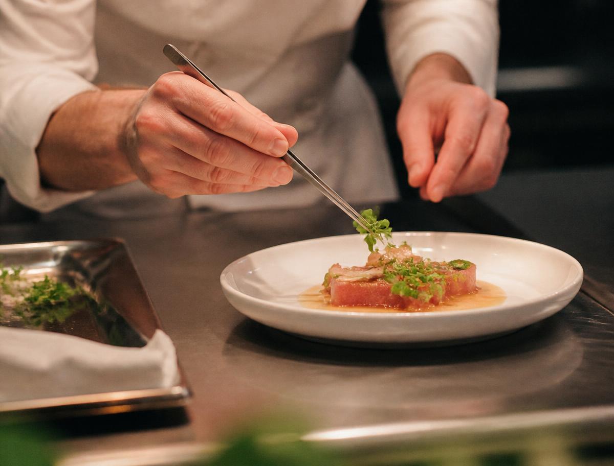 A chef's hands finishing a plated dish with tweezers on a stainless pass in warm kitchen light.