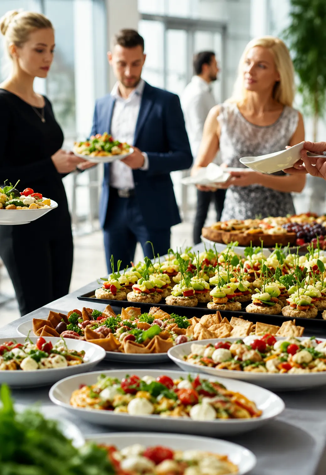 Guests in business attire holding white plates beside a long buffet table set with trays of micro green topped canapes, filled tortilla cones, olives and herbs, and oval platters of roasted vegetables with mozzarella and cherry tomatoes in a bright glass walled room.