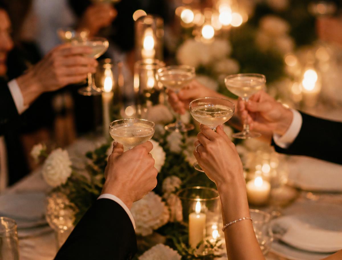 Hands raising champagne coupes in a toast over a candlelit reception table.