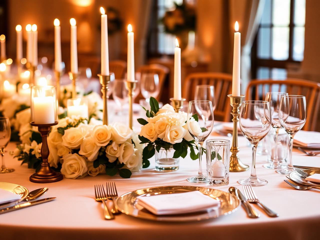 A candlelit reception table with gold chargers, cream roses, crystal glassware and menu cards.