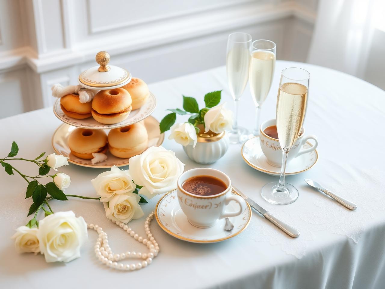 A brunch table with pastries on a tiered stand, coffee cups, champagne coupes, white roses and pearls.