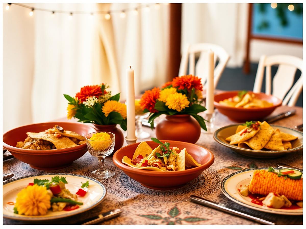 Terracotta dishes of tacos and street corn on a patterned cloth with marigolds and candles.