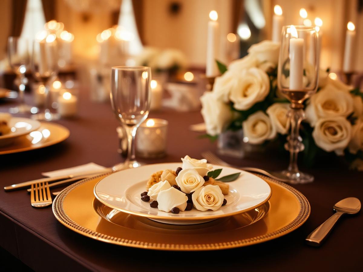 A plated course on a gold charger with crystal glassware, cream roses and candlelight.