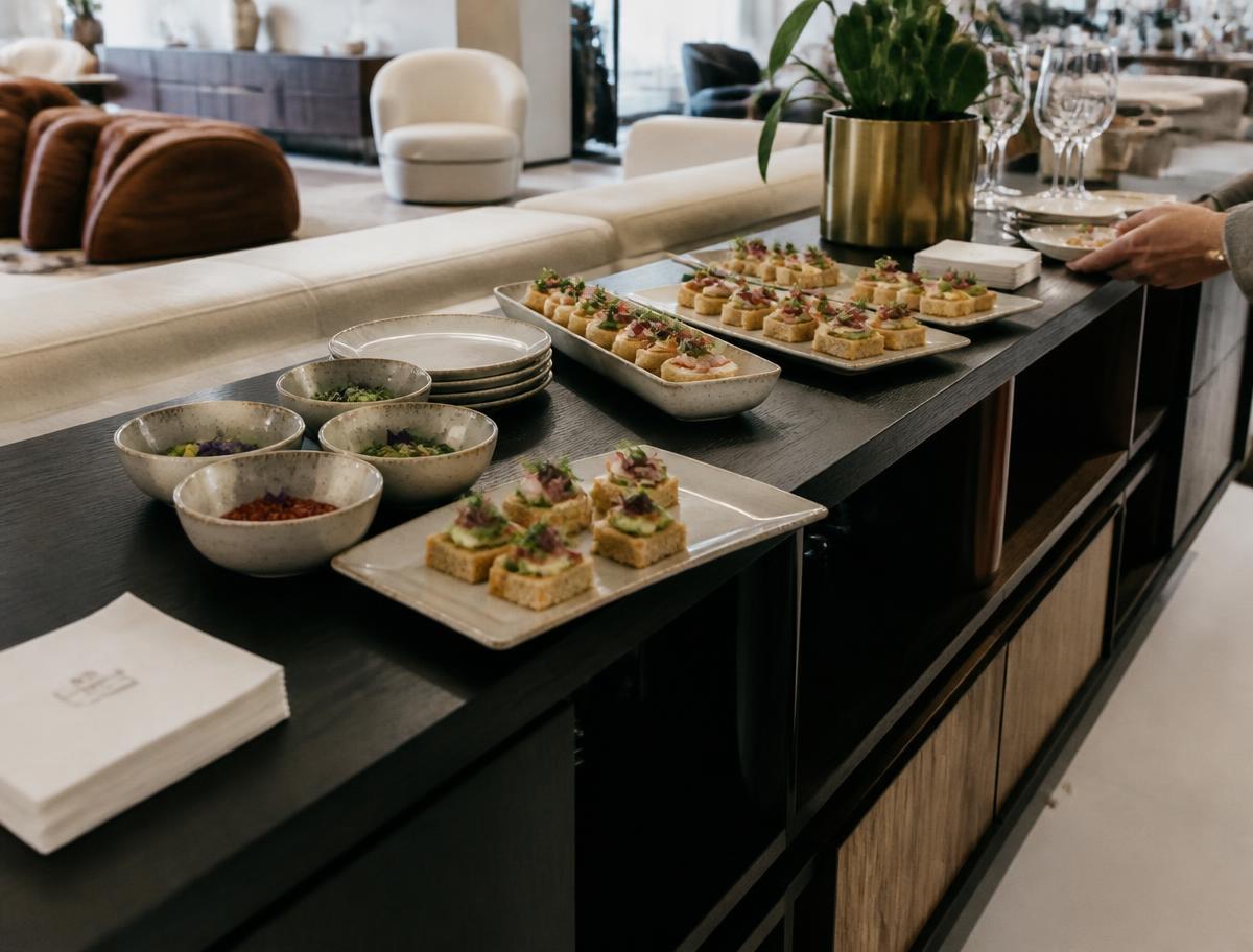 Canapes and small bowls arranged along a dark console in a bright furniture showroom.