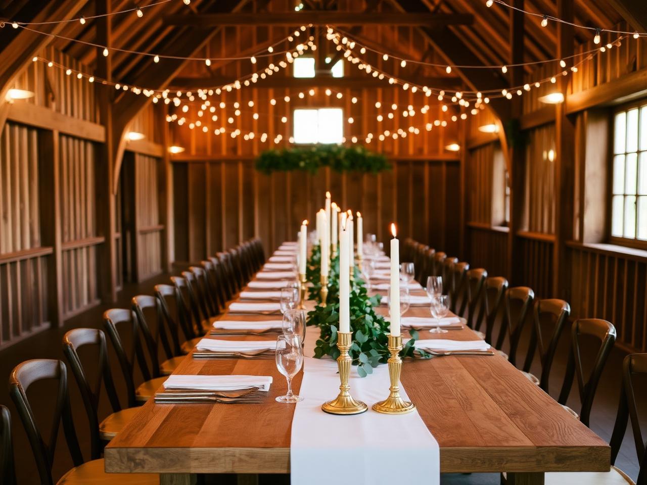 A long wooden barn table set with white linen, brass candlesticks, greenery and string lights overhead.