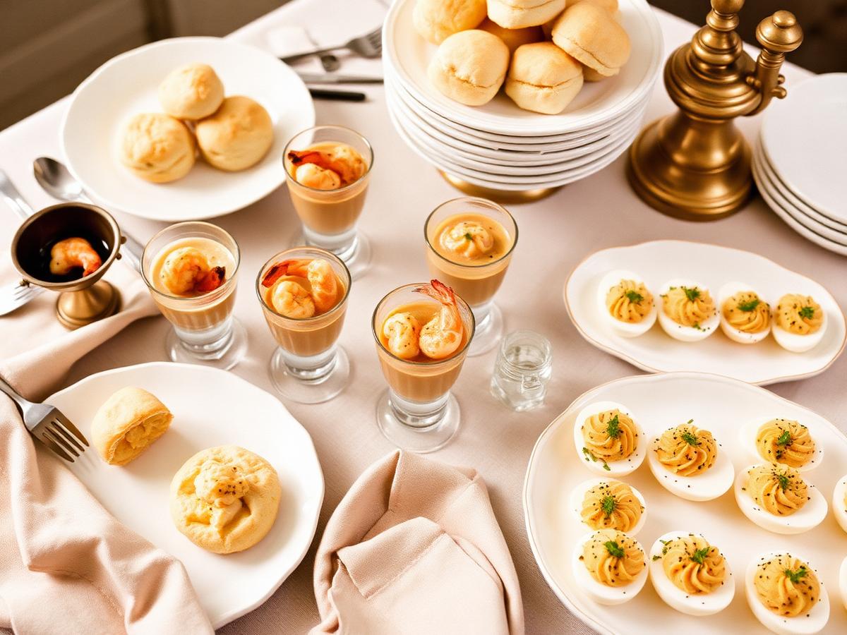 Shrimp and grits in small glasses beside buttermilk biscuits and deviled eggs on white platters.