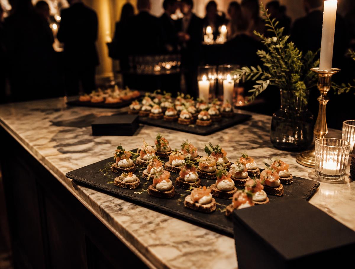 Slate boards of canapes on a marble station with candles and guests in soft shadow behind.