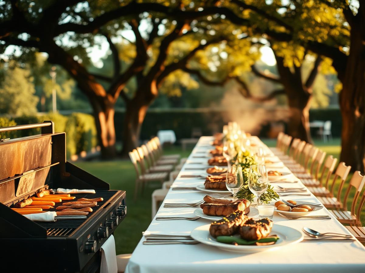 A long outdoor table set for dinner beside a grill loaded with vegetables and steaks in late afternoon light.