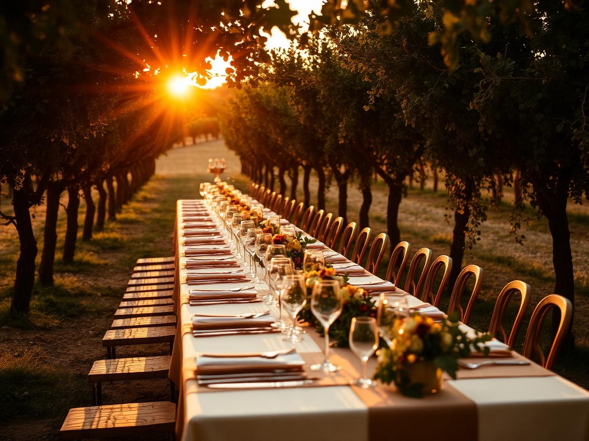 A long table set among vineyard rows at sunset with wine glasses and low floral runners.